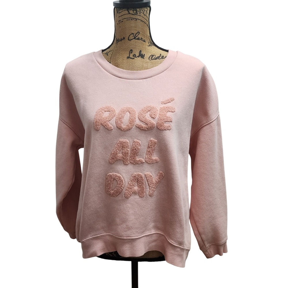 Green Tea Rosé All Day Pink Rose Sweatshirt Ladies Large‎ Casual Cozy Cute Large